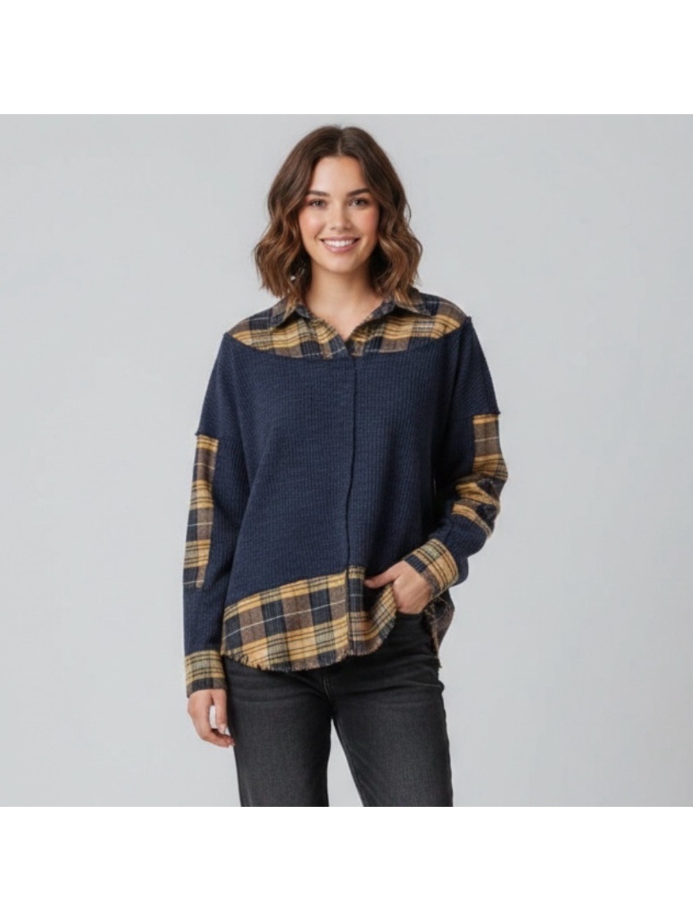 Oli & Hali Grunge Oversized Indie Sleeze Plaid Patchwork Thermal  Blouse small